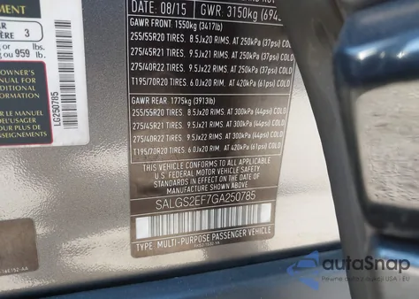 2016 Land Rover Range Rover 5.0L V8 Supercharged z USA, uszkodzony, nr VIN SALGS2EF7GA250785